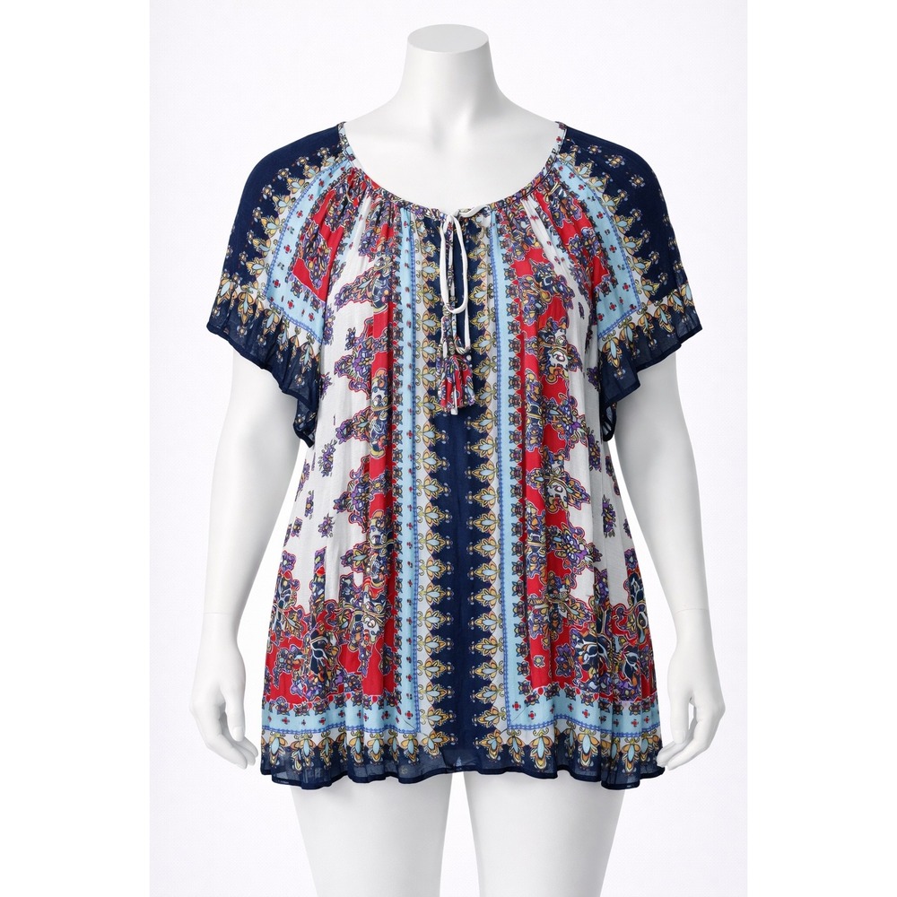 Bila Boho Floral Tunic Top Women XL Multicolor Tassel Tie Rayon Flowy